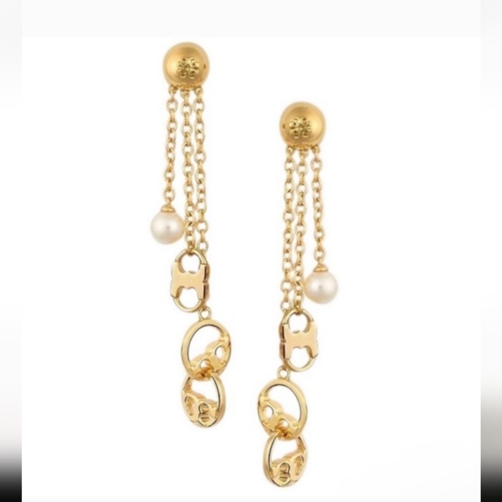 NWT TORY BURCH Multi Logo Dangle Charm Pearl Drop Earrings